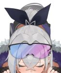  1girl bent_over black_gloves blue-tinted_eyewear blush closed_eyes crossed_bangs earrings eyewear_on_head fingerless_gloves flasso fur-trimmed_jacket fur_trim gloves grey_hair hair_between_eyes highres honkai:_star_rail honkai_(series) jacket jewelry long_hair ponytail purple-tinted_eyewear silver_wolf_(honkai:_star_rail) simple_background solo sweatdrop tinted_eyewear upper_body white_background 