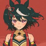  1girl ahoge animal_ears bare_shoulders black_gemstone black_hair cleavage_cutout closed_mouth clothing_cutout double-parted_bangs gold_trim hair_between_eyes horse_ears horse_girl kitasan_black_(umamusume) looking_at_viewer multicolored_hair nenbutsu_0416 red_background red_eyes simple_background solo streaked_hair two-tone_hair two_side_up umamusume upper_body v-shaped_eyebrows white_hair 