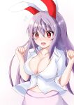  1girl :d absurdres animal_ears blush breasts cleavage fang flying_sweatdrops hair_between_eyes hands_up highres large_breasts looking_down otsu_oki_yuhi purple_hair rabbit_ears red_eyes reisen_udongein_inaba shirt simple_background smile solo touhou white_background white_shirt wing_collar 