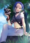  1girl arm_support backpack bag belt black_bag black_belt blue_hair brown_eyes closed_mouth cloud commentary_request crossed_legs day from_below grass grey_vest highres looking_at_viewer midriff off-shoulder_shirt off_shoulder outdoors pants perrin_(pokemon) pokemon pokemon_(game) pokemon_sv ribbed_vest shirt short_hair sitting sky solo tree vest watermark white_shirt yomogi_(black-elf) 