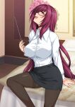  1girl alternate_costume bespectacled black_pantyhose black_skirt breasts collared_shirt commentary_request fate/grand_order fate_(series) glasses haruhisky highres holding indoors large_breasts long_hair long_sleeves looking_at_viewer on_bed pantyhose pencil_skirt purple_hair red_eyes scathach_(fate) shirt sitting skirt solo teacher white_shirt 