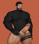  1boy absurdres bara beard black_gloves black_hair black_shirt chris_redfield erection facial_hair gloves grey_male_underwear highres large_pectorals leg_hair looking_at_viewer male_focus male_underwear muscular muscular_male orange_background pectorals penis resident_evil resident_evil_village shirt short_hair simple_background solo testicles thick_thighs thighs twitter_username underwear waympo 
