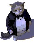  animal_focus black_bow black_bowtie black_suit bow bowtie buttons cat dress_shirt formal full_body grey_cat highres long_sleeves looking_at_viewer no_humans original photo-referenced shirt simple_background solo standing suit white_background white_shirt yuming_li 