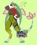  anthro aviator_cap aviator_glasses aviator_jacket clothing english_text female flygon generation_3_pokemon gloves green_background green_body green_hair hair handwear hi_res nintendo pokemon pokemon_(species) scarf simple_background solo tail tattoorexy text wings yellow_eyes 