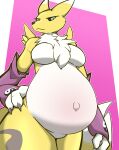  absurd_res anthro armwear bandai_namco belly big_belly breasts bridal_gauntlets clothing digimon digimon_(species) dimurr female fur hi_res looking_at_viewer navel neck_tuft pregnant pregnant_anthro pregnant_female renamon solo tuft yellow_body yellow_fur 