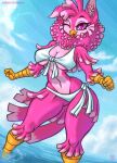  2023 anthro avian beak bikini bird breasts clothing eyebrows feathers fingers hi_res midriff open_beak open_mouth painterdreamer partially_submerged partially_submerged_legs pink_body pink_breasts pink_eyes pink_feathers pink_pupils pink_tail pink_tail_feathers pupils scuted_arms scutes swimwear tail tail_feathers water white_bikini white_bikini_bottom white_bikini_top white_clothing white_swimwear yellow_beak yellow_scutes 