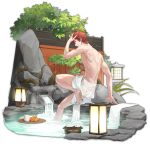  1boy artist_request barefoot choko_(cup) cup hand_in_own_hair highres lantern looking_at_viewer mahjong_soul male_focus naked_towel official_art onsen orange_hair partially_submerged plant rock roots short_hair solo takigawa_natsuhiko toned toned_male topless_male towel transparent_background 