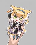  1girl 1other :d animal_ear_fluff animal_ears arknights arm_up bare_shoulders black_footwear black_gloves blonde_hair blue_hairband braid commentary_request fox_ears fox_girl fox_tail frilled_skirt frills gloves grey_background hair_rings hairband highres jambujok mini_person minigirl purple_skirt shirt shoes short_eyebrows simple_background skirt smile solo_focus suzuran_(arknights) tail thick_eyebrows thumbs_up twin_braids white_shirt 