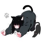  1girl animal_ears black_cat black_hair black_thighhighs blunt_bangs blush cat cat_ears cat_girl cat_stretch cat_tail closed_eyes dot_nose full_body grey_hoodie highres hood hoodie megateru nose_blush original oversized_clothes paw_print solo stretching tail thighhighs white_background 