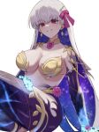  1girl armlet armor bikini_armor blue_hair blue_skin blush bomberca309 breasts circlet cleavage collar colored_inner_hair colored_skin earrings fate/grand_order fate_(series) flower glowing_hands gradient_skin grin hair_ribbon highres jewelry kama_(fate) kama_(third_ascension)_(fate) large_breasts long_hair looking_at_viewer lotus metal_collar multicolored_hair red_eyes ribbon smile solo thighlet thighs two-tone_hair white_hair 