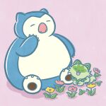  :3 absurdres cat_loaf closed_eyes commentary_request flower happy highres momo_irone no_humans official_art open_mouth pink_background pokemon pokemon_(creature) simple_background snorlax sprigatito yawning 