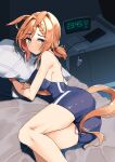  1girl animal_ears bare_arms bare_legs bare_shoulders black_one-piece_swimsuit blue_eyes blush breasts clock closed_mouth digital_clock highres horse_ears horse_girl horse_tail komb large_breasts one-piece_swimsuit orange_hair ponytail short_hair solo swimsuit tail tracen_swimsuit umamusume venus_park_(umamusume) 