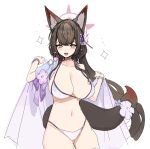  1girl animal_ears bikini black_hair blue_archive blush breasts brown_eyes brown_hair cleavage commission fangs flower fox_ears fox_girl fox_tail hair_flower hair_ornament halo highres large_breasts long_hair looking_at_viewer open_mouth simple_background skeb_commission solo sparkle swimsuit tail tail_ornament very_long_hair wakamo_(blue_archive) wakamo_(swimsuit)_(blue_archive) white_background xprkvwyzq7 yellow_eyes 