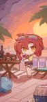  1girl absurdres alcohol black_shorts bottle breasts cake chibi chinese_commentary commentary_request cup eyewear_on_head fence flower food highres holding holding_cup honkai_(series) honkai_impact_3rd jewelry looking_at_viewer medium_hair mole mole_on_breast murata_himeko murata_himeko_(scarlet_fusion) necklace official_alternate_costume official_art official_wallpaper outdoors red_flower red_hair red_rose rose shorts sky smile standing starfish sun sunset thigh_strap tree white_flower wine wine_bottle yellow_eyes 