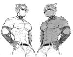  2boys abs alternate_pectoral_size bara clone cropped_legs dog_boy earrings ears_down from_side furrification furry furry_male genshin_impact greyscale jewelry large_pectorals looking_ahead male_focus monochrome multicolored_hair multiple_boys muscular muscular_male navel navel_hair nipples papyuuno pectorals short_hair stomach streaked_hair thick_eyebrows topless_male unfinished wriothesley_(genshin_impact) 
