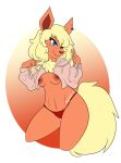  2018 akaunkel anthro areola big_areola black_nose blonde_hair blue_eyes breasts brown_nipples chest_tuft clothing ear_piercing ear_ring eeveelution erect_nipples exposed_breasts female flareon fluffy fluffy_tail fur generation_1_pokemon hair hi_res hoodie koriand_wildfire long_ears long_hair long_tail markings meme meme_clothing mole_(marking) navel nintendo nipples one_eye_closed orange_body orange_fur panties piercing pokemon pokemon_(species) ring_piercing signature simple_background small_breasts solo tail thong topwear tuft twitter_hoodie underwear 