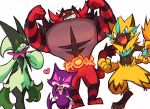  :d claws closed_eyes closed_mouth commentary elizabeth_(tomas21) fangs flexing heart highres incineroar looking_at_viewer meowscarada one_eye_closed open_mouth pokemon pokemon_(creature) purrloin sharp_teeth smile symbol-only_commentary teeth zeraora 