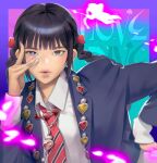  076kim 1girl absurdres black_eyes black_hair blazer blue_jacket blue_nails border braid collared_shirt hair_behind_ear hair_ribbon hand_on_own_hip heart heart_in_eye highres ive_(group) jacket k-pop leaning_to_the_side light_particles looking_at_viewer love_dive_(ive) multicolored_nails nail_polish necktie parted_lips pink_nails portrait purple_border real_life red_necktie red_ribbon rei_(ive) ribbon shirt solo song_name symbol_in_eye twin_braids white_shirt 