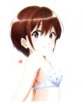  1girl artist_name bare_shoulders blue_bra blush boku_no_kokoro_no_yabai_yatsu bra breasts brown_eyes brown_hair closed_mouth colored_pencil_(medium) commentary dated_commentary from_side hair_between_eyes hair_strand kobayashi_chihiro_(bokuyaba) looking_at_viewer looking_to_the_side polka_dot polka_dot_bra short_hair shoulder_blades sidelocks signature simple_background small_breasts smile solo traditional_media two-tone_bra underwear underwear_only upper_body very_short_hair white_background white_bra y_takeshinu_wan 