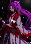  commentary_request dress highres holding holding_sword holding_weapon japanese_clothes kataginu long_hair long_sleeves looking_at_viewer meira_(touhou) one-hour_drawing_challenge purple_eyes purple_hair souko_illust sword touhou touhou_(pc-98) weapon white_dress wide_sleeves 