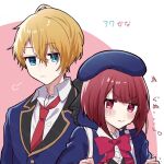  1boy 1girl arima_kana blonde_hair blue_headwear blue_vest blush bob_cut closed_mouth hat hat_ribbon hoshino_aquamarine inverted_bob necktie oshi_no_ko pink_ribbon red_eyes red_hair red_necktie ribbon school_uniform short_hair toto10noto tsundere vest youtou_high_school_uniform 