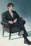  1boy armrest black_coat black_footwear black_hair black_pants blue_background closed_mouth coat collared_coat copyright_request full_body highres male_focus on_chair pants qxq_illus shadow sitting solo twitter_username watch wristwatch 