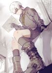  1boy black_blindfold black_coat black_gloves blindfold choker coat from_below gloves highres konghi98 male_focus nier:automata nier_(series) short_hair shorts sitting smile solo thighs white_hair yorha_no._9_type_s 