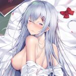  1girl bed_sheet book bow bowtie bowtie_removed breasts colored_eyelashes echidna_(re:zero) feng_mouren from_behind grey_hair hair_between_eyes hair_in_own_mouth hair_ornament lactation lactation_through_clothes large_breasts long_hair looking_back medium_breasts nipples partially_undressed petals re:zero_kara_hajimeru_isekai_seikatsu red_bow red_bowtie shirt solo tongue upper_body white_shirt 