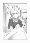  1girl absurdres ao_oni_(onioni-aoi) arknights bandaged_arm bandaged_chest bandages bed blanket blanket_grab blood cable commentary_request confused gauze gauze_on_cheek gauze_on_face greyscale hatching_(texture) highres holding holding_blanket hospital_bed hospital_gown indoors linear_hatching looking_at_viewer medium_hair monochrome nosebleed on_bed parted_lips scratches screen shirt short_sleeves sitting slit_pupils solo speech_bubble translation_request uneven_eyes w_(arknights) waking_up 