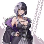  1girl arm_at_side bare_shoulders belt black_belt black_choker black_dress black_hair black_jacket black_nails breasts chest_belt choker cleavage dress fingernails fur-trimmed_jacket fur_trim grey_hair grin hair_ornament hair_over_shoulder hand_on_own_hip highres hololive hololive_english jacket jewelry lace lace_choker large_breasts layered_dress light_blush long_hair long_sleeves looking_at_viewer multicolored_hair nail_polish off_shoulder open_clothes open_jacket ring seventeencrows shiori_novella smile solo split-color_hair twitter_username two-tone_hair virtual_youtuber white_background yellow_eyes 