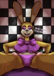  anthro big_breasts breasts buckteeth checkered_background clothing crossgender dialogue duo eyelashes eyeshadow female first_person_view five_nights_at_freddy&#039;s_vr:help_wanted fur glitchtrap hi_res human lagomorph leporid lewdabis looking_at_viewer makeup male mammal navel panties pattern_background purple_bow purple_clothing purple_eyes purple_eyeshadow purple_panties purple_topwear purple_underwear rabbit seam_(sewing) simple_background stitch_(sewing) talking_to_viewer tan_body tan_fur teeth text thick_thighs topwear underwear wide_hips yellow_body yellow_fur 