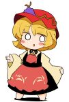  1girl aki_minoriko blonde_hair blush hat highres ini_(inunabe00) mob_cap open_mouth red_headwear short_hair simple_background smile solo touhou white_background 