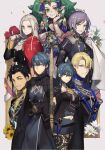  4boys 4girls blue_eyes blue_hair braid byleth_(female)_(fire_emblem) byleth_(fire_emblem) byleth_(male)_(fire_emblem) cape claude_von_riegan dimitri_alexandre_blaiddyd edelgard_von_hresvelg english_commentary fire_emblem fire_emblem:_three_houses garreg_mach_monastery_uniform green_eyes green_hair hair_ornament highres long_hair long_sleeves looking_at_viewer medium_hair multiple_boys multiple_girls pointy_ears purple_eyes purple_hair rhea_(fire_emblem) ribbon_braid seinikuten short_hair sothis_(fire_emblem) thighs twin_braids uniform white_hair yuri_leclerc 