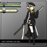  1girl black_dress black_footwear black_gloves black_headwear breasts copyright_name dress emisuke_109 full_body gloves green_hair grey_background hair_ornament holding holding_sword holding_weapon long_sleeves pixiv_fantasia pixiv_fantasia_last_saga pointy_ears raharu_(pixiv_fantasia_last_saga) sheath small_breasts solo sword weapon yellow_eyes 