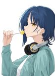  1girl aqua_hoodie asymmetrical_hair blue_hair bocchi_the_rock! candy commentary earrings food headphones headphones_around_neck highres jewelry kanaria_hisagi lollipop long_sleeves looking_at_viewer medium_hair mole mole_under_eye parted_lips shirt simple_background solo stud_earrings upper_body white_background white_shirt yamada_ryo yellow_eyes 