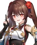  1girl :d bare_shoulders black_gloves blue_nails brown_hair commentary cosplay foka_(beginner) genshin_impact gloves hand_up hu_tao_(genshin_impact) long_hair looking_at_viewer nail_polish no_headwear open_mouth red_eyes shenhe_(genshin_impact) shenhe_(genshin_impact)_(cosplay) shirt simple_background smile solo twintails upper_body very_long_hair white_background white_shirt 
