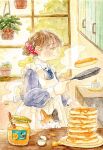  1girl brown_eyes brown_hair cat closed_mouth cooking food hair_ornament hair_scrunchie highres honey long_sleeves oniheya_53 original painting_(medium) pancake plant potted_plant puffy_sleeves scrunchie short_hair signature smile traditional_media watercolor_(medium) window 