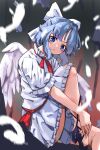  1girl absurdres angel_wings blue_eyes blue_hair bow closed_mouth dress feathered_wings feathers frilled_dress frilled_sleeves frills hair_bow highres looking_at_viewer mai_(touhou) short_hair short_sleeves solo touhou touhou_(pc-98) vanilla_flan white_bow white_dress white_wings wings 