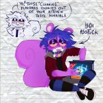  anthro blue_hair bodily_fluids clothed clothing drugs english_text foaming_at_mouth footwear fur hair hi_res hornigabl legwear male mammal montyfox open_mouth purple_body purple_fur rodent sciurid shoes simple_background sneakers soap solo stockings tail text toony tree_squirrel 