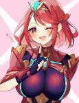  1girl ;d absurdres blush breasts earrings fingerless_gloves gloves heart highres index_finger_raised jewelry large_breasts looking_at_viewer one_eye_closed open_mouth pyra_(xenoblade) red_eyes red_hair short_hair simple_background smile solo swept_bangs upper_body xenoblade_chronicles_(series) xenoblade_chronicles_2 yasaikakiage 