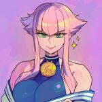 1girl bare_shoulders blue_eyes breasts dougi highres hime_cut looking_at_viewer manon_(street_fighter) off_shoulder pink_background pink_hair purple_background sidelocks solo street_fighter street_fighter_6 woofycakes 