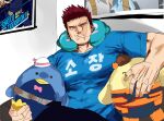  1boy alternate_costume bara blue_shirt boiled_heroes boku_no_hero_academia character_doll character_request clothes_writing endeavor_(boku_no_hero_academia) facial_hair feet_out_of_frame from_below frown highres holding holding_stuffed_toy large_pectorals looking_at_viewer male_focus mature_male merchandise muscular muscular_male pectorals poster_(object) scar scar_across_eye shirt short_hair sideburns solo spiked_hair stubble stuffed_toy todoroki_shouto 
