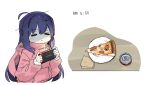  1girl ahoge animal_hood breakfast can closed_eyes closed_mouth commentary dot_nose food hair_between_eyes handheld_game_console holding holding_handheld_game_console hood hoodie idolmaster idolmaster_million_live! long_hair long_sleeves messy_hair mochizuki_anna morning pink_hoodie pizza pizza_slice plate purple_hair rabbit_hood sidelocks soda_can solo spawnfoxy table upper_body v-shaped_eyebrows white_background 