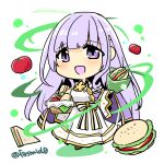  1girl aura basket burger cape chibi circlet dress fire_emblem fire_emblem:_genealogy_of_the_holy_war food holding holding_basket holding_food julia_(fire_emblem) long_hair open_mouth purple_cape purple_eyes purple_hair sandwich sash simple_background solo tomato wide_sleeves yukia_(firstaid0) 