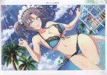  3girls absurdres bare_shoulders bikini breasts day hair_ornament highres large_breasts long_hair looking_at_viewer multiple_girls navel ocean official_art open_mouth outdoors page_number palm_tree scan senran_kagura senran_kagura_new_link shiny_skin short_hair simple_background smile sparkle stomach sunlight swimsuit thighs tree water water_drop yaegashi_nan 