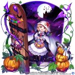  1girl basket bat_(animal) black_headwear candy commentary copyright_name cosplay door english_commentary fang food frilled_sleeves frills full_body full_moon game_cg ghost_costume halloween halloween_costume hat hat_ornament holding holding_basket jack-o&#039;-lantern koakuma koakuma_(cosplay) lollipop long_sleeves looking_at_viewer moon mystia_lorelei necktie night night_sky open_mouth outdoors red_eyes red_necktie red_ribbon ribbon rotte_(1109) rumia rumia_(koakuma-like_youkai) silk sky spider_web star_(sky) star_(symbol) star_hat_ornament starry_sky third-party_source touhou touhou_lost_word witch_hat wriggle_nightbug 