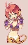 1girl animal_ears breasts breath_of_fire breath_of_fire_ii bustier cat_ears cat_girl cat_tail facial_mark fingerless_gloves gloves green_eyes groin looking_at_viewer navel open_mouth orange_hair pointy_ears rinpoo_chuan short_hair simple_background smile solo souichi tail 