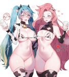  2girls :d alternate_costume animal_ears animal_print artist_name bare_shoulders bell black_thighhighs blue_hair blush breasts bridal_gauntlets cleavage cow_ears cow_print cow_print_bikini cow_print_thighhighs cup fake_animal_ears fake_horns glass green_hair groin hand_up highres holding holding_cup horns large_breasts league_of_legends looking_down mcdonald&#039;s meme milk multiple_girls navel neck_bell no_panties noodychaan pale_skin pink_hair pussy seraphine_(league_of_legends) shiny_skin smile sona_(league_of_legends) stomach thighhighs twitter_strip_game_(meme) white_thighhighs 