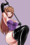  1girl :q armpits black_gloves breasts brown_hair cleavage dominatrix elbow_gloves gloves highres holding holding_whip large_breasts leotard long_hair monte_(koupin) original purple_leotard shiny_clothes simple_background smile solo thighhighs tongue tongue_out whip 