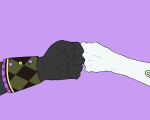  1boy 1girl black_gloves clenched_hand commentary fist_bump gloves highres kamishiro_rui kusanagi_nene long_sleeves out_of_frame project_sekai pudding_crush purple_background simple_background white_gloves 